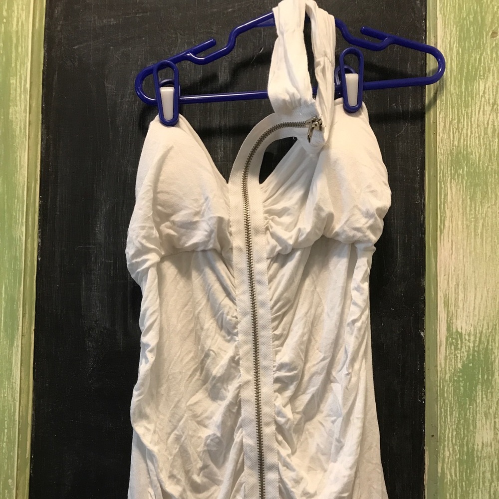 Small White Orange Brand Zippered Halter Top